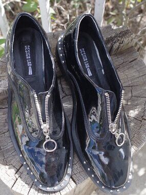 Ladies Patent Leather Zip Up Studded Black Shoes